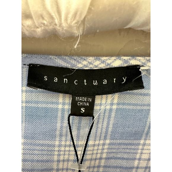 🆕 SANCTUARY | Plaid Blue White Keyhole Puff Long Sleeve Peasant Blouse | Small - Picture 5 of 7